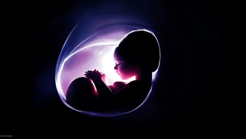 Luminous fetal silhouette rests in a glowing cosmic womb.