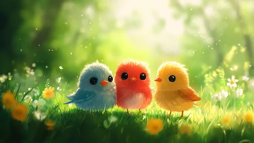 Trio of stylized baby birds illuminated in a sunlit meadow