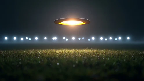 Illuminated disc hovering above wet grass at night field.