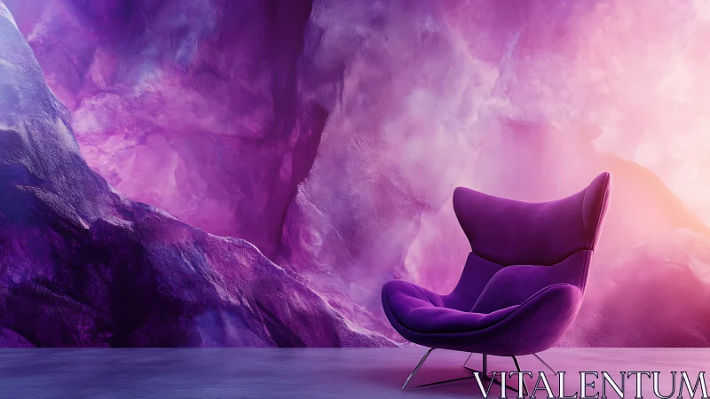 Purple lounge chair set before abstract violet rock wall
