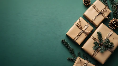 Minimalist holiday gifts arranged on green background surface