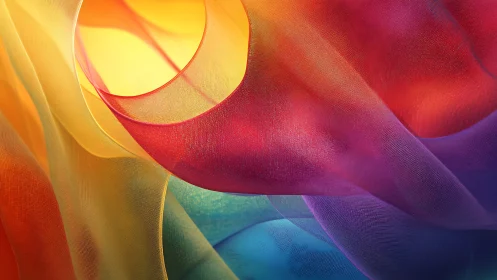 Iridescent translucent ribbons curve through warm gradient light