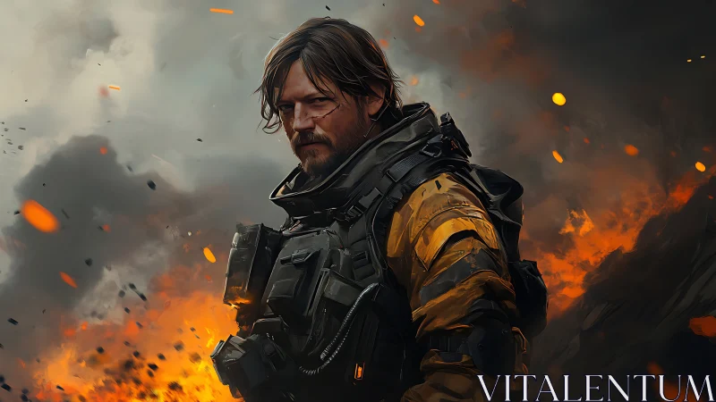 Armored soldier in burning battlefield rendered as digital art