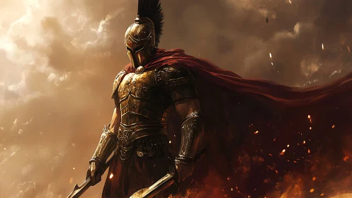 Bronze-plated hoplite champion in ember-saturated battlefield clarity.