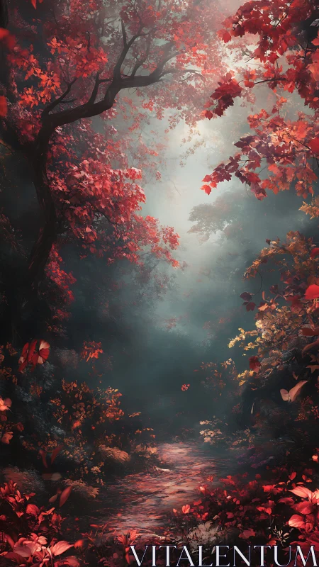 Forest pathway with red foliage and atmospheric mist.