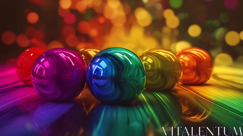 Glossy multicolored glass spheres rest on reflective surface