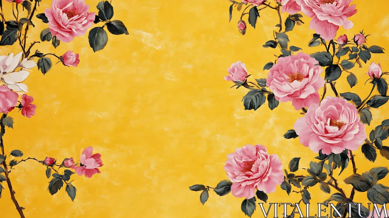 Pink peony branches on textured yellow background surface.