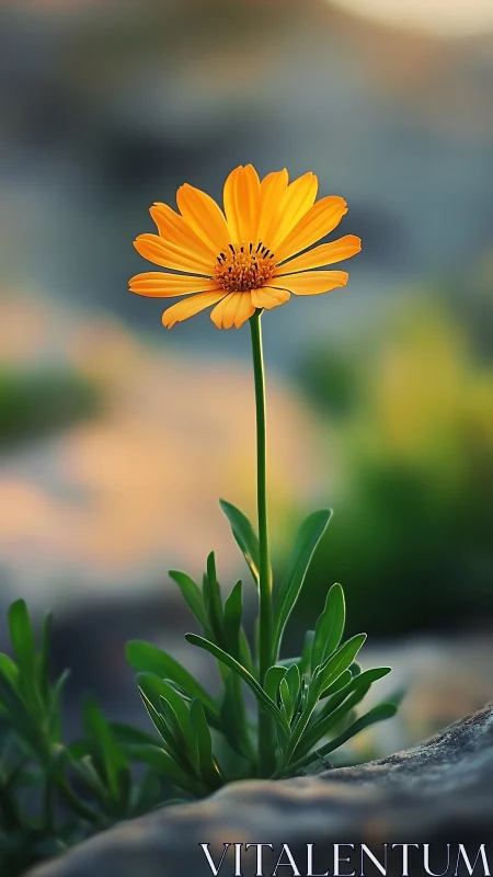 Single yellow daisy flower on stem in soft outdoor focus.