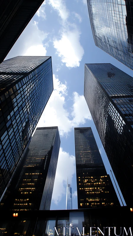 Skyscraper corridor framing distant glass tower at dusk.