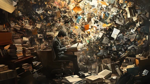 Man at cluttered desk works under chaotic swirling papers