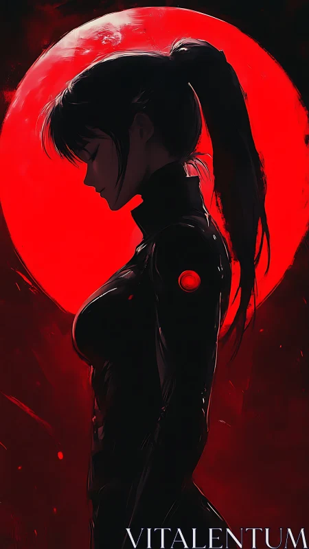 Cyberpunk profile study under eclipsed red lunar halo.