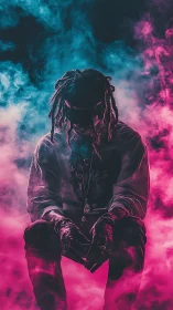 Seated figure in colored smoke with split cyan magenta light.
