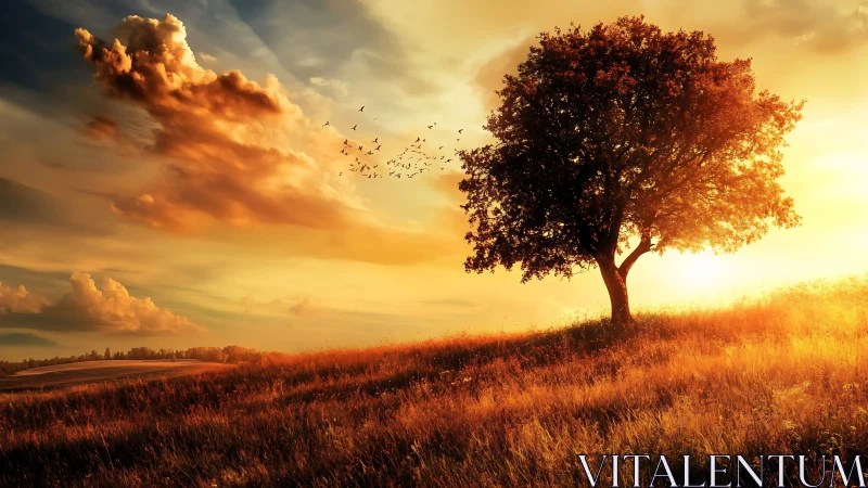 Golden hillside sunset welcomes a quiet tree into warm light