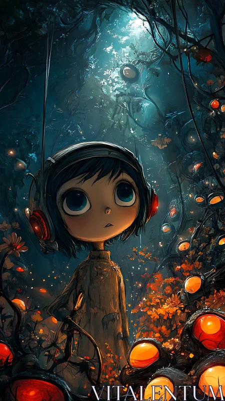 Child with headphones wandering luminous alien forest.