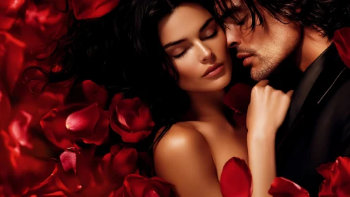 Romantic couple portrait with red rose petals, dramatic golden lighting