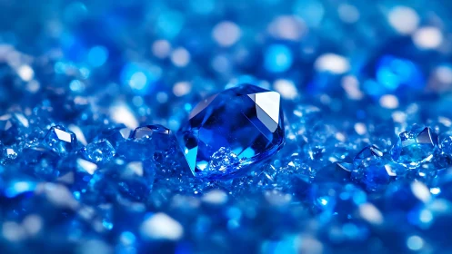 Single blue-cut gemstone lies amid glowing sapphire shards
