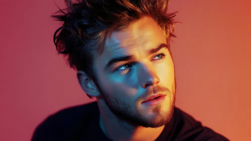 Dramatic male portrait under neon blue and orange light.