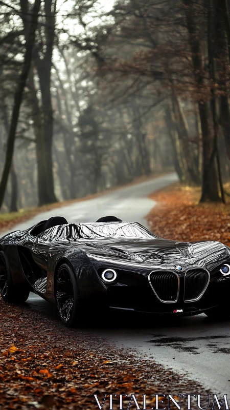 BMW roadster concept cuts through misty forest curve.