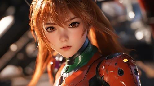 Orange-haired pilot in glossy mecha suit stares forward