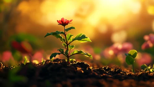 Young flowering plant emerging from dark soil with golden hour backlighting and bokeh depth