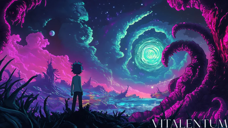 Silhouetted explorer under neon alien vortex sky.