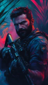 Bearded tactical soldier grips rifle in neon jungle lighting