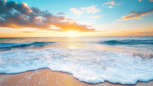 Gentle ocean sunrise spilling golden light across waves.