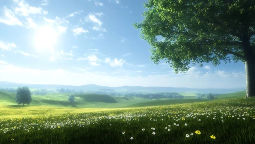 Sunlit meadow unfolds beneath a lone sheltering tree