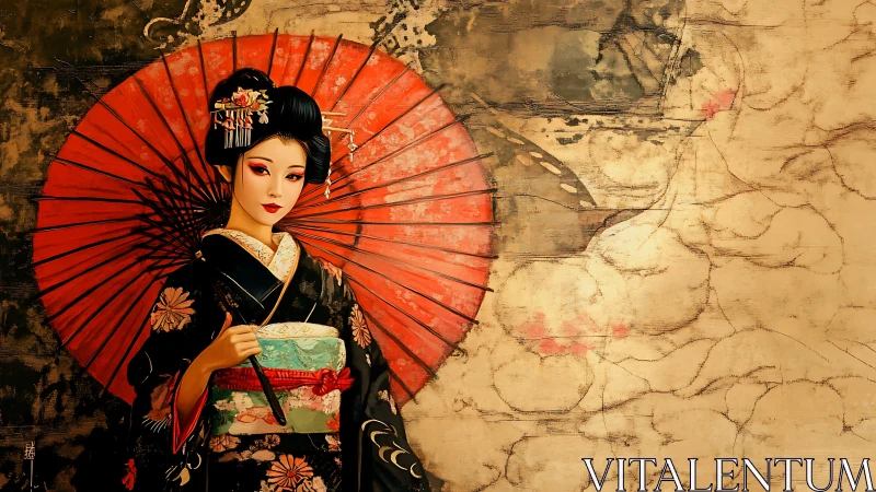 Geisha in black kimono with red umbrella on vintage mural