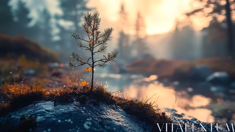 Young pine tree in serene forest at sunrise, soft dreamy style.