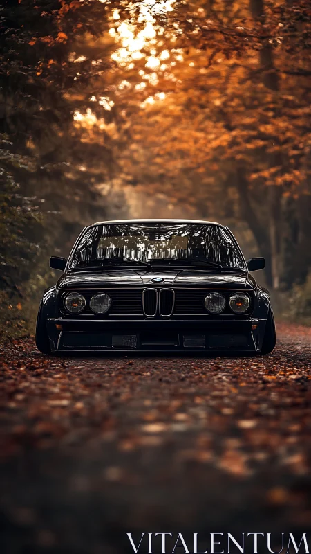 Classic black car rests under a glowing autumn forest canopy