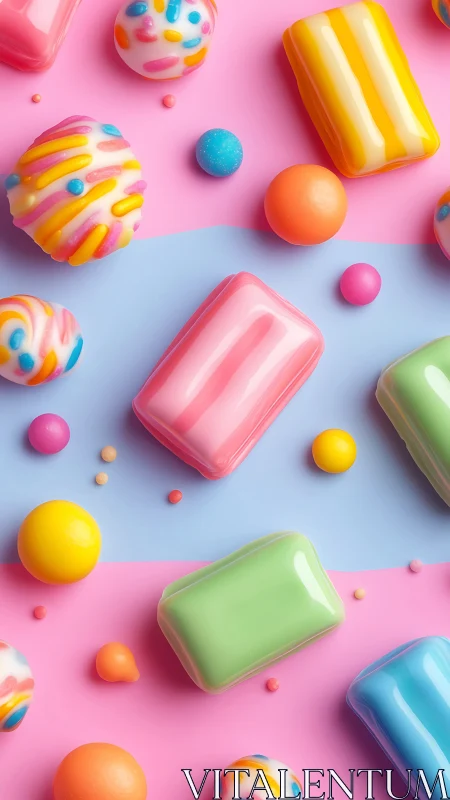 Vibrant 3D Candy & Soap Composition Against Split Pink-Blue.