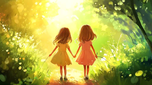 Two little girls walk into a glowing, dreamlike forest path