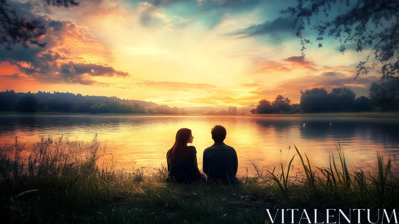 Two figures observe sunset over stillwater landscape.