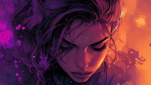 Intense portrait of woman against vivid orange and purple light.