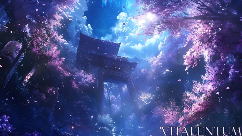 Torii gate under glowing sky and vivid cherry blossoms.