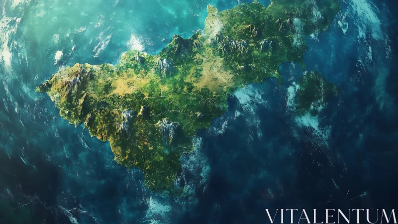 Aerial View of Lush Island Surrounded by Turquoise Ocean Waters.