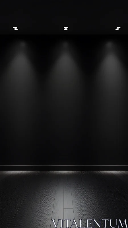 Recessed spotlights illuminate a matte black exhibition wall