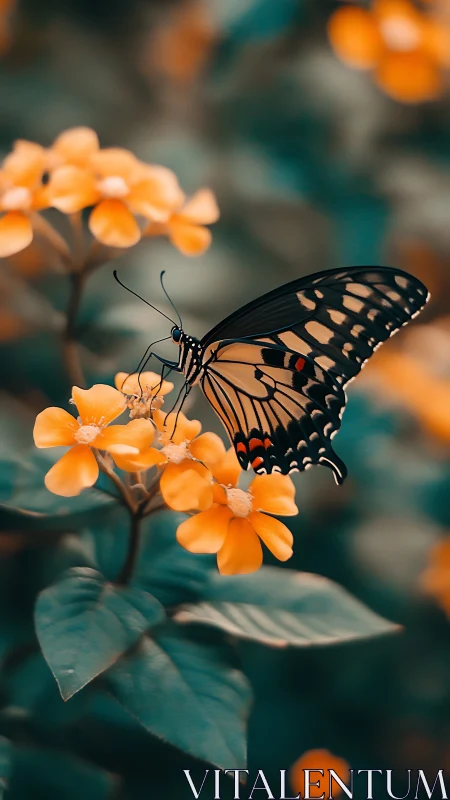 Macro butterfly study on orange blooms with bokeh field.