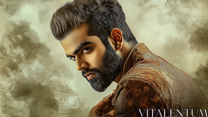 Highly detailed digital portrait isolates a brooding male profile