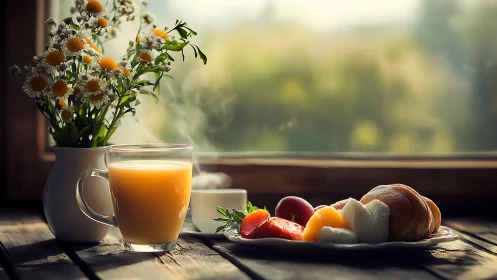 Morning beverage, fruit plate, and flowers on wooden table.