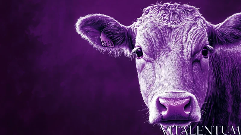 Vibrant violet cow portrait with high-contrast digital detail.