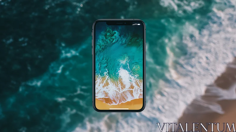 Ocean waves pour through a floating smartphone window