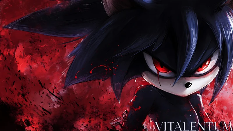 Dark hedgehog figure with glowing red eyes on blood sky.