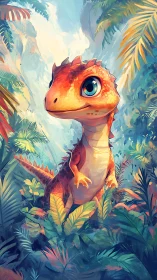 Cute orange baby dinosaur standing in lush jungle scene.