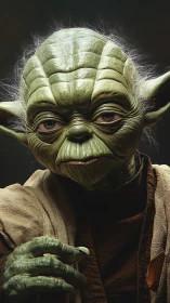 Wise green alien master gazes intently in soft shadowed light.