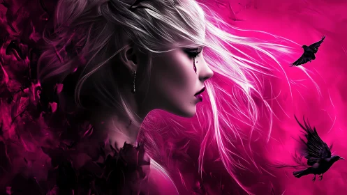 Profile portrait of crying woman with ravens in magenta storm