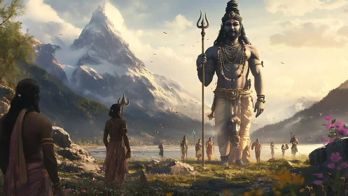 Colossal Shiva deity strides across misty Himalayan valley.