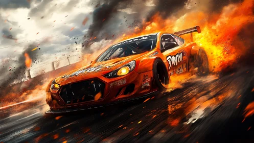 Aggressive drift car slices wet track amid erupting flame plumes