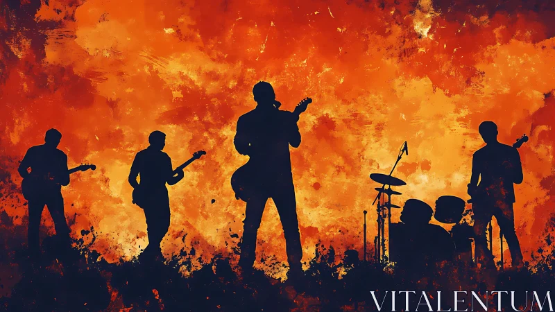 Silhouetted rock ensemble against incandescent abstract inferno.
